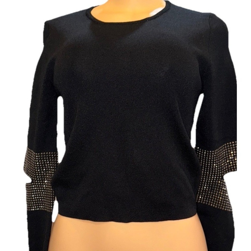 Zara‎ Stretchy BlackSweater with Embellished Cut-Out Sleeves Size Medium